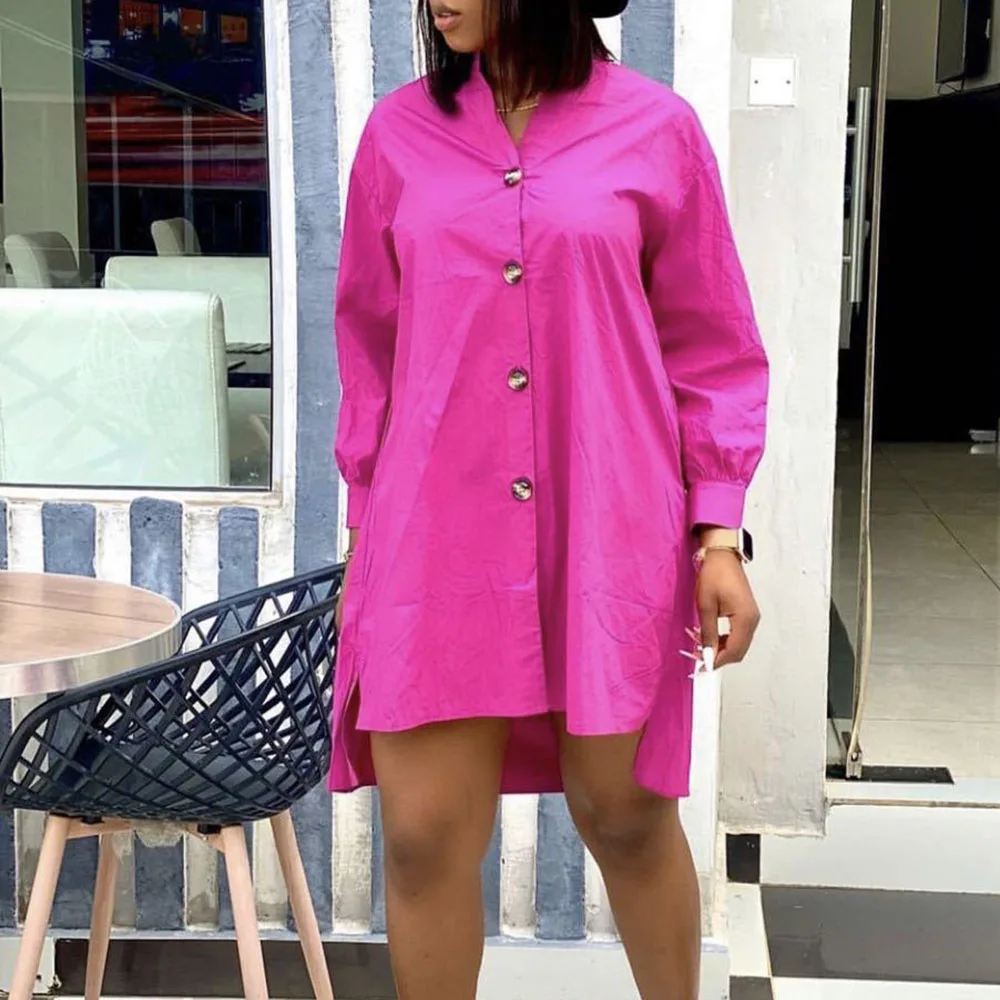 

African Women's Single-breasted Long Sleeve Loose Oversize 2021 Summer New Women's Dress Solid Color Fashion Casual