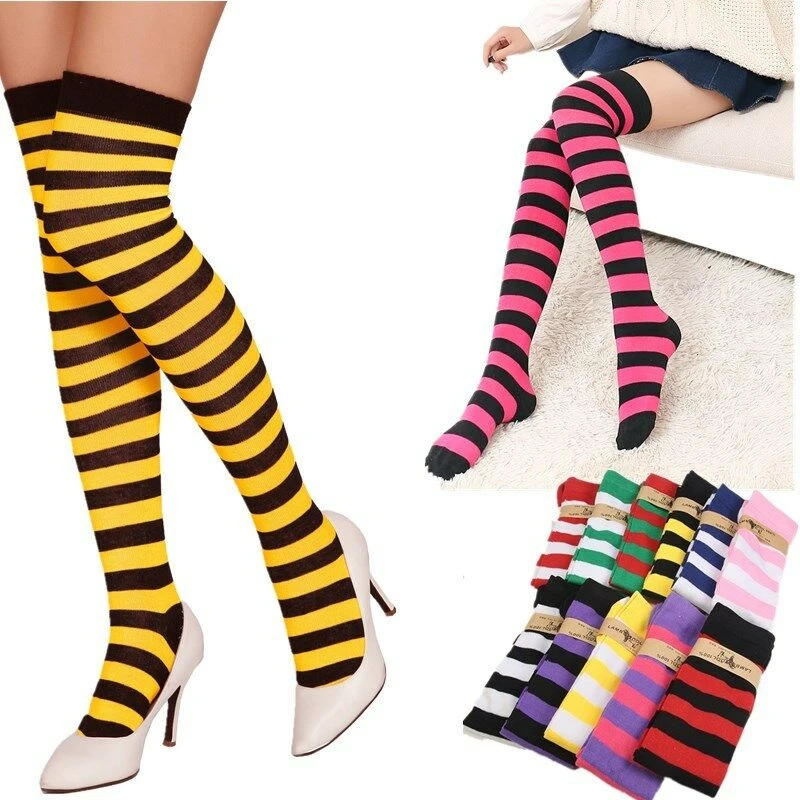 

1Pair Women Girls Thigh High Over Knee Stockings Stripe Printed Long Socks 11 Colors Sweet Cute Warm Stocking