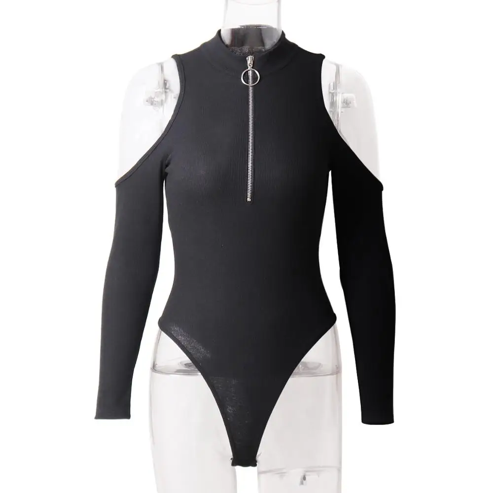 черный боди с длинным рукавом комбинезон женский осень 2019 трикотажное на молнии