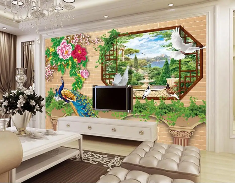 Custom Peacock peony iving room decoration 3d wallpaper walls European 3D TV background wall | Обустройство дома