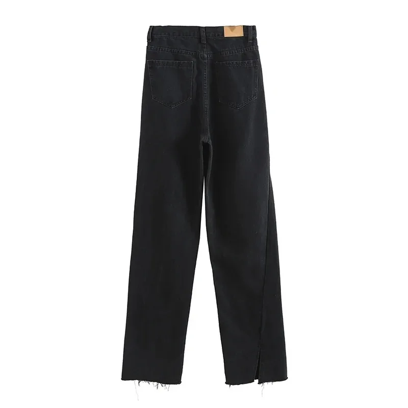 

High Waist Slit Frayed Mop Pants Women's Ins European and American Fashion Black Slimming Loose Straight Jeans