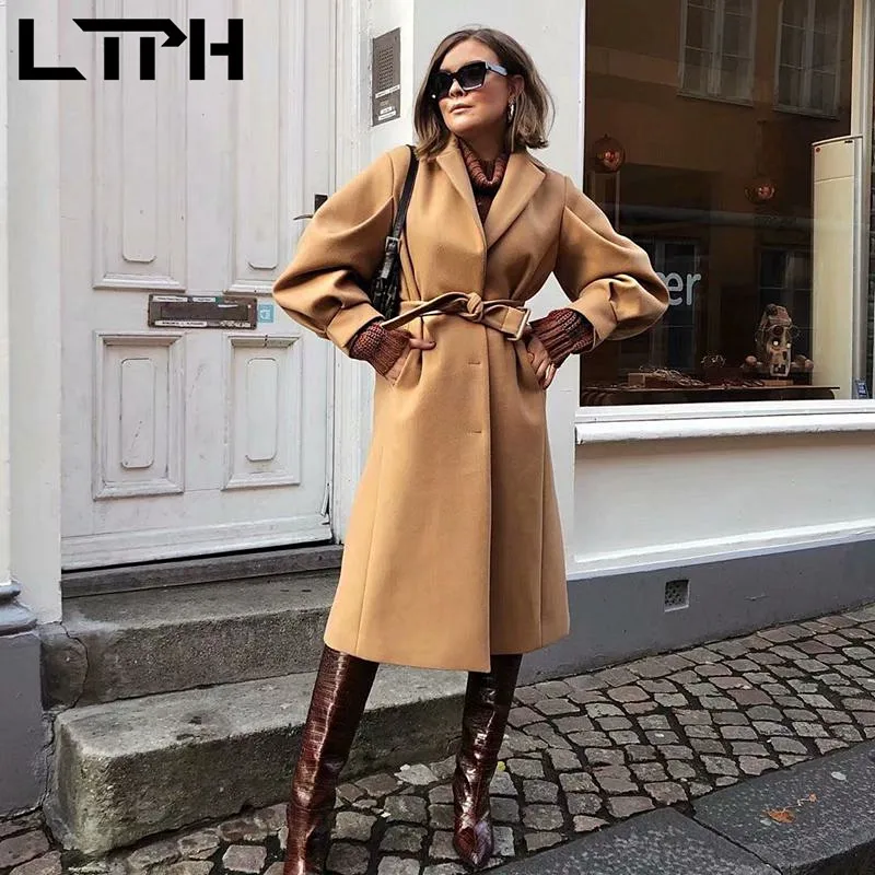 LTPH vintage camel long wool blends coat women trench with belt waist woolencloth outerwear casual streetwear 2021 autumn new