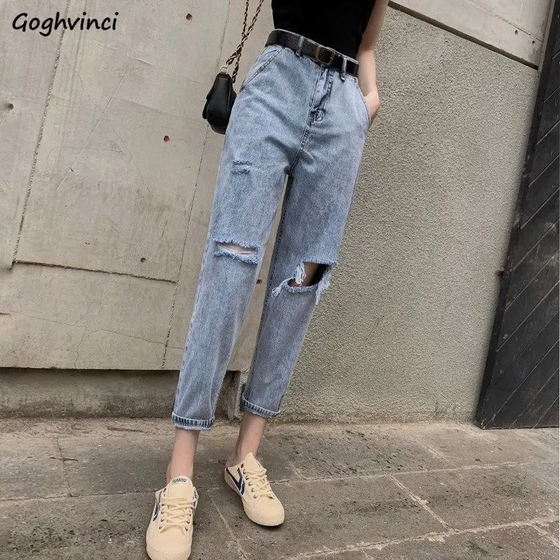 

Jeans Women High-waist Holes Ripped Korean-style Denim-retro Womens All-match Streetwear Harem-retro Casual Trendy BF Loose Chic