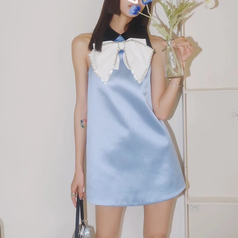 

2021 Summer New Doll Collar French Lady Sweet Vest Short Dress Bowknot Diamond Sleeveless Sexy A-Line Dress Party Mini Dress