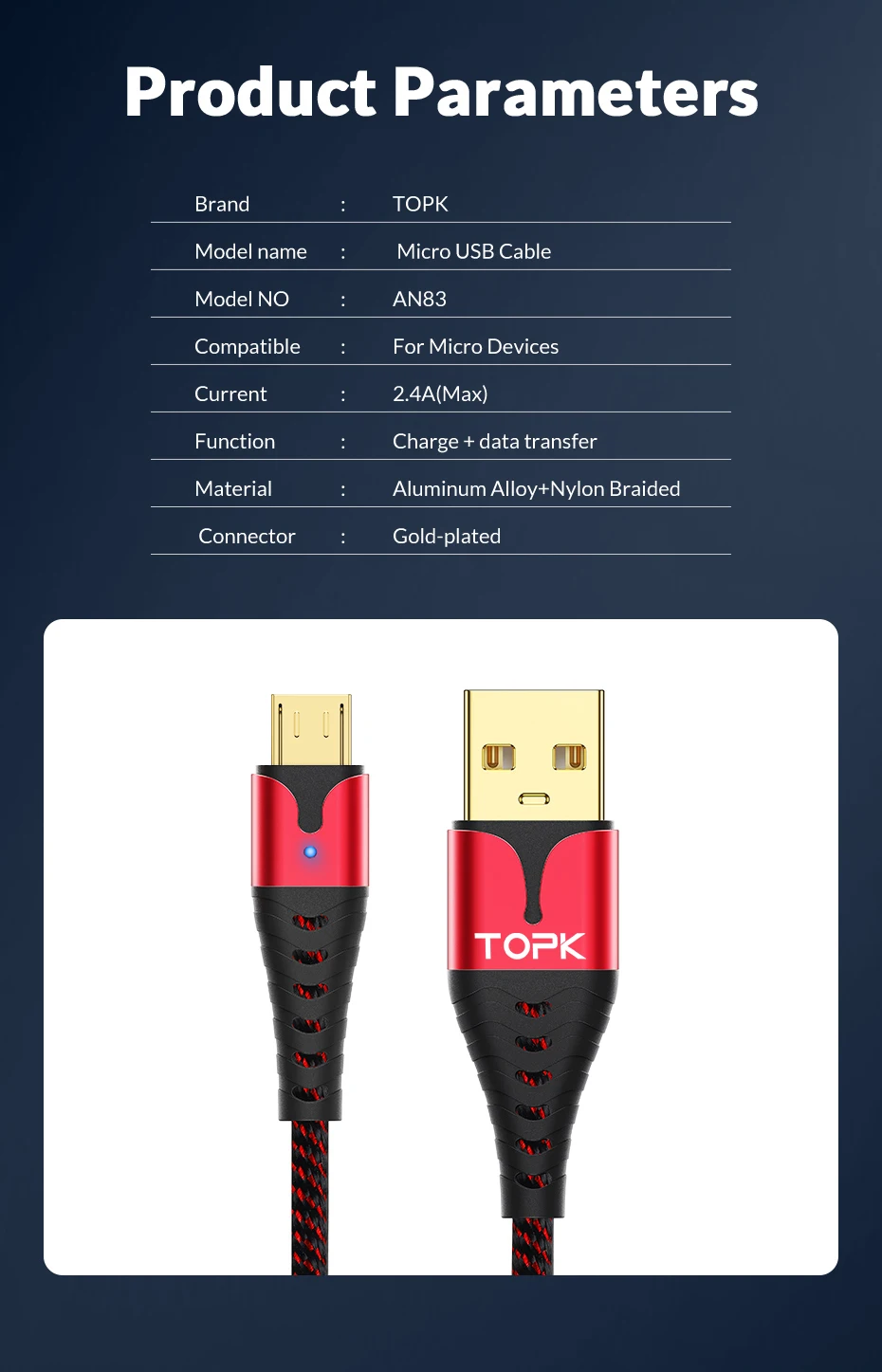 TOPK светодиодный Micro USB кабель для быстрой зарядки для Xiaomi Redmi Note 5 Pro Android кабель для передачи данных для мобильного телефона для samsung S7 Micro зарядное устройство