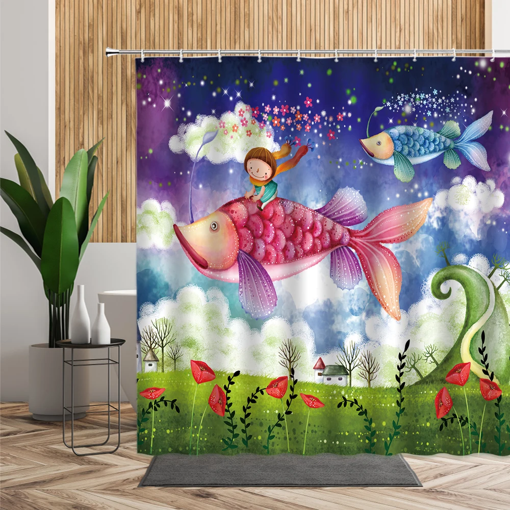 

Cartoons Mermaid Shower Curtain Blue Underwater World Seahorse Coral 3D Printing Bathtub Decoration Waterproof Bath Curtains Set