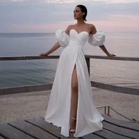 charming strapless side slit short sleeve wedding dresses with jersey floor length white pleat bridal gown court train 2021 new