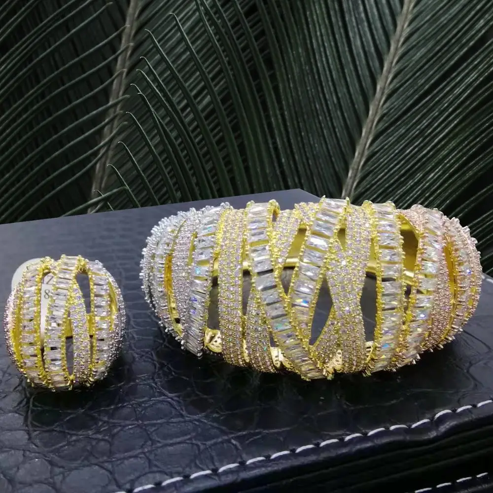 Godki роскошный Штабелируемый Дубай золотой браслет манжеты кольцо наборы для