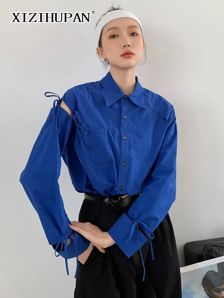 

XIZIHUPAN минималистская синяя рубашка с вырезами для женщин отворот с длинным рукавом на шнуровке свободная однотонная блузка женская осень ...