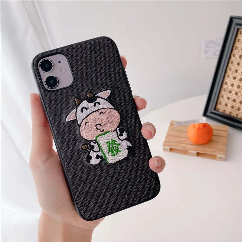 

Chinese Embroidery Zodiac Ox Protection Phone Case on For iPhone 11 Pro Max 8 7 Plus Xr XsMax X Xs SE 2020