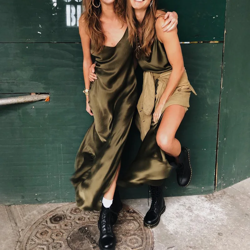 

Sexy Satin V Neck Maxi Dress Women Spaghetti Strap Sleeveless Backless Side Split Long Dresses 2019 Spring Lady Vestido