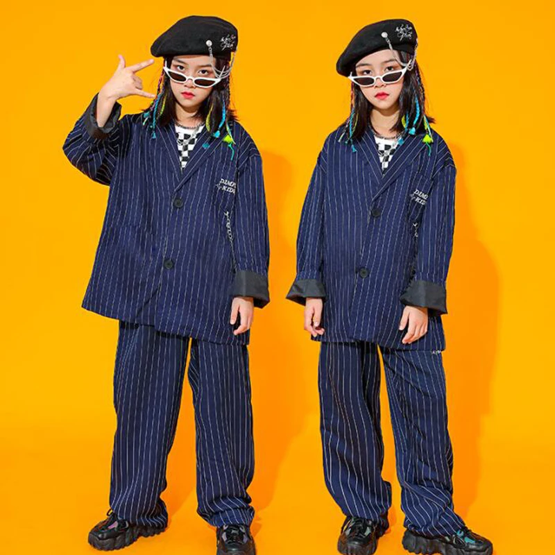 

Детская одежда в стиле K-POP для девочек, костюм в полоску оверсайз, джазовая уличная одежда, свободные брюки, наряды для концерта, танцевальны...