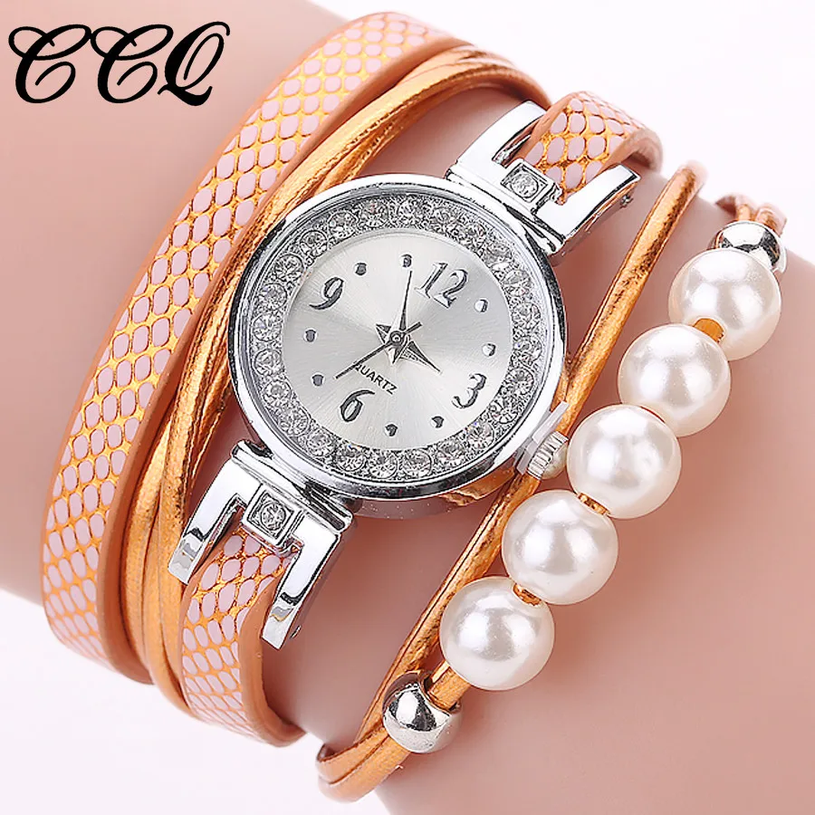 

CCQ Luxury Brand Women'S Rhinestone Pearl Bracelet Watches Leather Bracelet Lady Womans Wrist Watch Clock Relogio Feminino