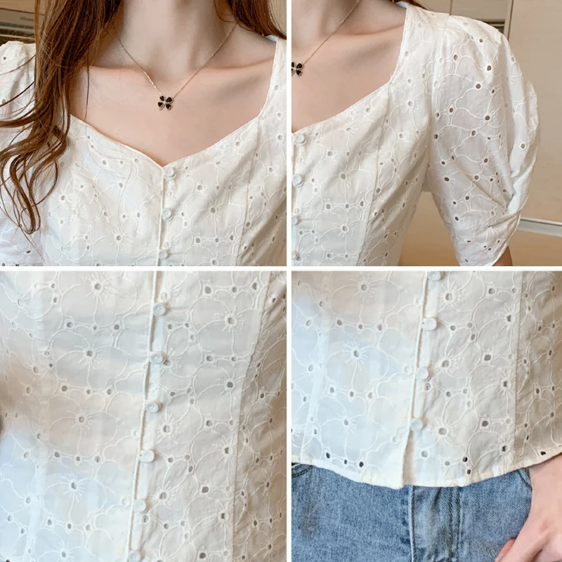 

Casual Solid Female Shirts Outwear Tops 2020 summer New Women Cotton Blouse Office Lady Hollow out Loose Clothing