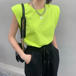 Топ женский оверсайз без рукавов, Повседневная Базовая Спортивная майка с круглым вырезом, уличная одежда, Зеленый Белый, лето 2021