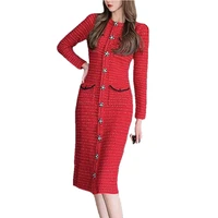 2022 new autumn winter women knitted dress brand design o neck buttons bodycon sweater dress elegant lady office dress