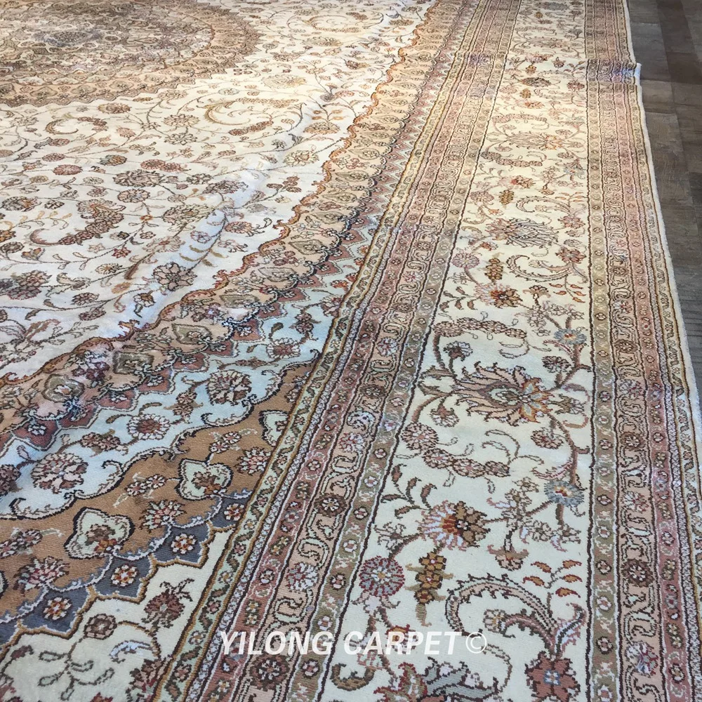 Koop Yilong 12 'X 18' Vantage Oosterse Zijden Kleed Grote Antieke Medaillon Perzische Zijden Tapijt (WY295C)