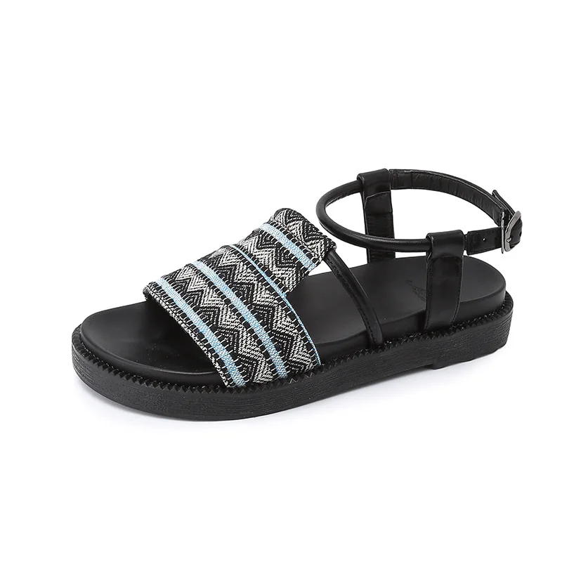 

Female Summer Sandals Ethnic National Open Toe Flat Students plus Size Shoes Black Casual Beach Shoes 3.5cmHeel
