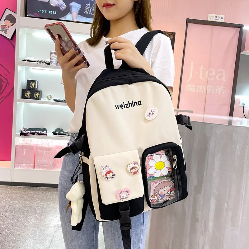 Модный женский рюкзак Kawaii Badge Pin с несколькими карманами, вместительный школьный портфель для студентов, дорожные сумки контрастных цветов