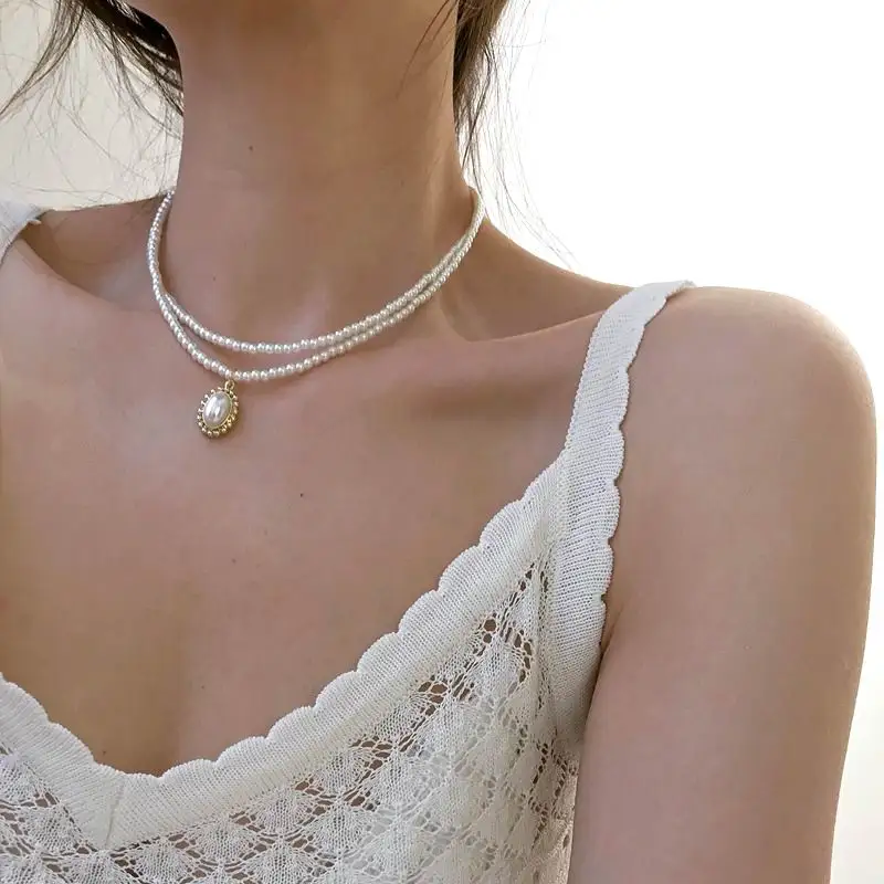 

Etrendy New Mini Pearl Choker Necklace For Women Double Layers Elegant Simple Jewelry Collares Gifts