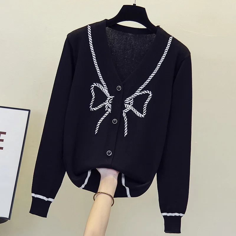 Женский однобортный Кардиган с бантом Свободный Вязаный Свитер оверсайз