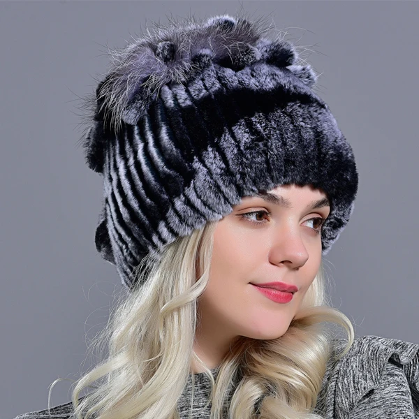 Зимние женские головные уборы с шариками кролика рекс мех помпон skullies beanies Теплые эластичные модные пушистые уличные меховые шапки - Цвет: Color03