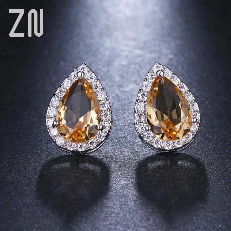 

ZN Luxury Champagne and White Water Drop Pear Cut Top Quality Cubic Zircon Stud Earrings Bridal Wedding Jewelry for Women Gift