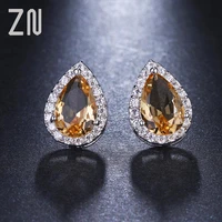 zn luxury champagne and white water drop pear cut top quality cubic zircon stud earrings bridal wedding jewelry for women gift