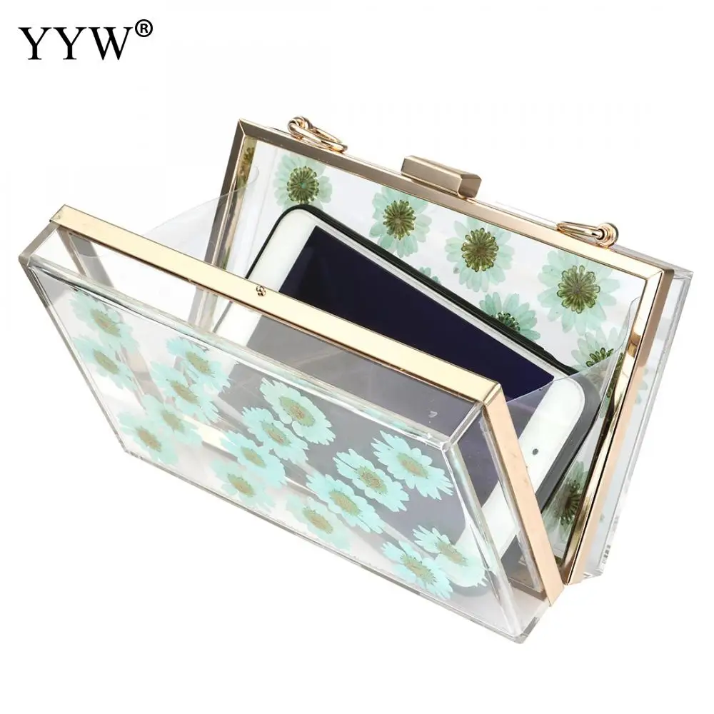 Women Bag Acrylic Clear Purse Transparent Hard Crossbody Bag Lucite See Through Handbags Evening Women Floral Clutch Bag