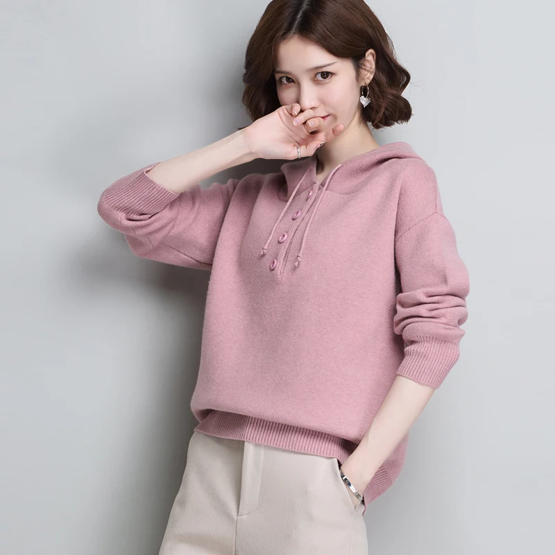 Fashion Hooded Sweater Female Solid Color Knitted Long Sleeve Pullovers Tops Women Spring New Casual Large Size Loose Sweater