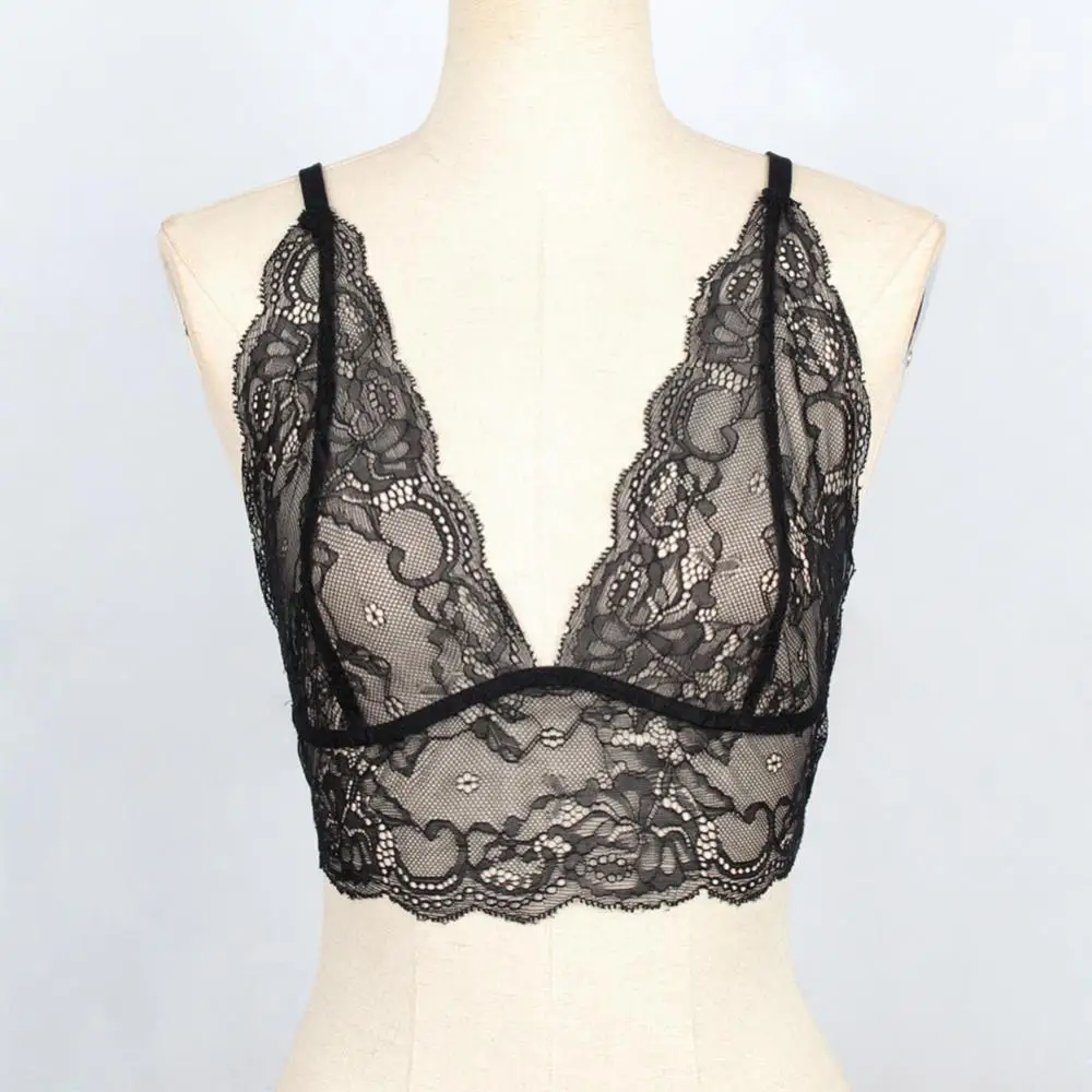 

2021 Short Tanks Tops Sexy Summer Women Solid Color See-through Lace BraV Neck Camisole Bralette Crop Top For Club