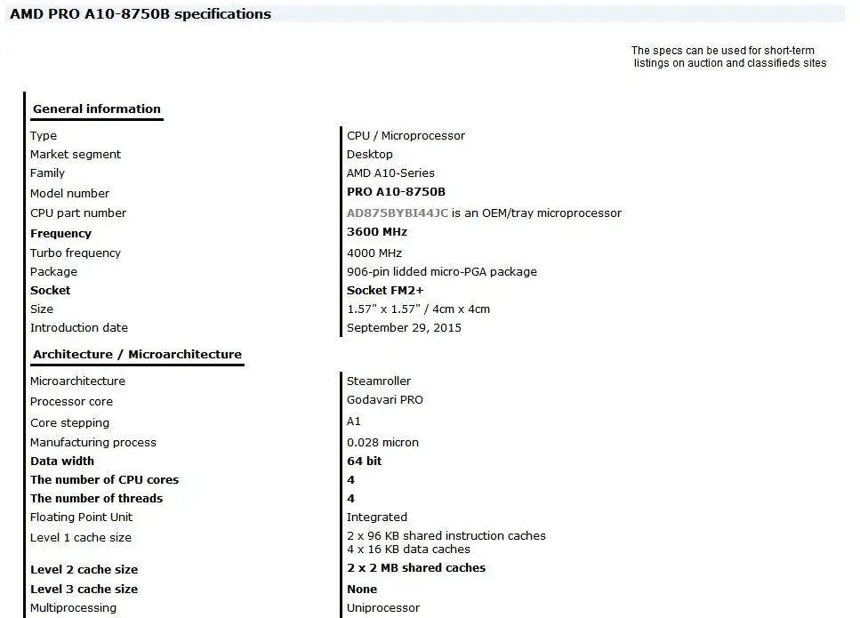 AMD A10-Series PRO A10-8750B A10 8750 A10 8750B 3.6GHz 65W Quad-Core 4MB CPU Processor Socket FM2+ NEW