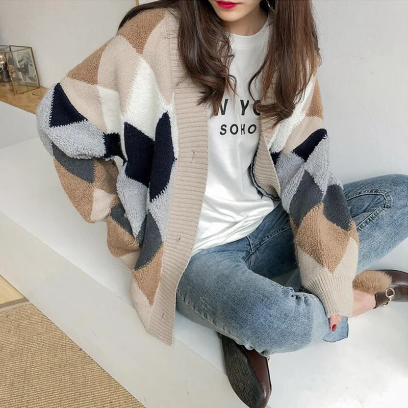 

EORUTCIZ Winter Plaid Long Cardigan Women Sweater Knitting Oversize Poncho Casual Autumn Top Long Sleeve Warm Basic Coat LM790