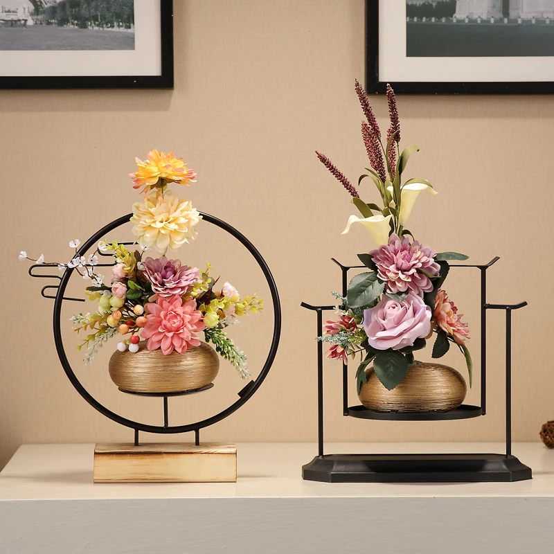 

Chinese Ceramic Vase+Simulation Flower Ornaments Arrangement Home Furnishing Crafts Office Desktop Metal Figurines Decoration