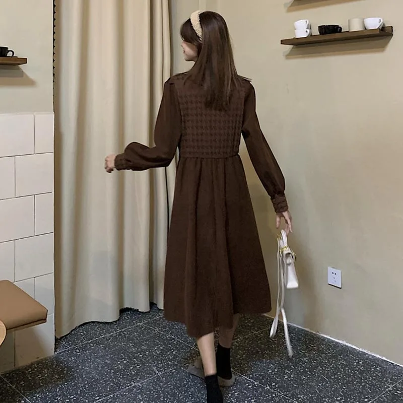 

One-Piece 2021 Korean Spring Dress French Turtleeck Fashion Temperament Dress Lantern Sleeve Splicing Lace Elastic Waist Dresses