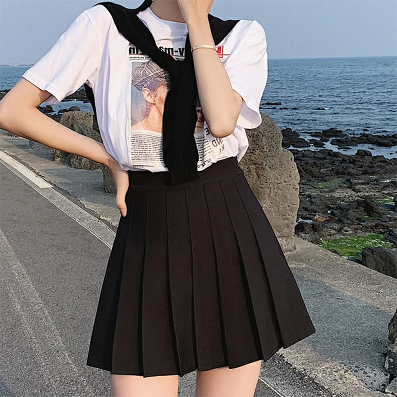 

Summer Women's Skirt High Waist A-Line Skirt Womens Black Pleated Woman Skirts Short Skirt Female Student College Style Clothes