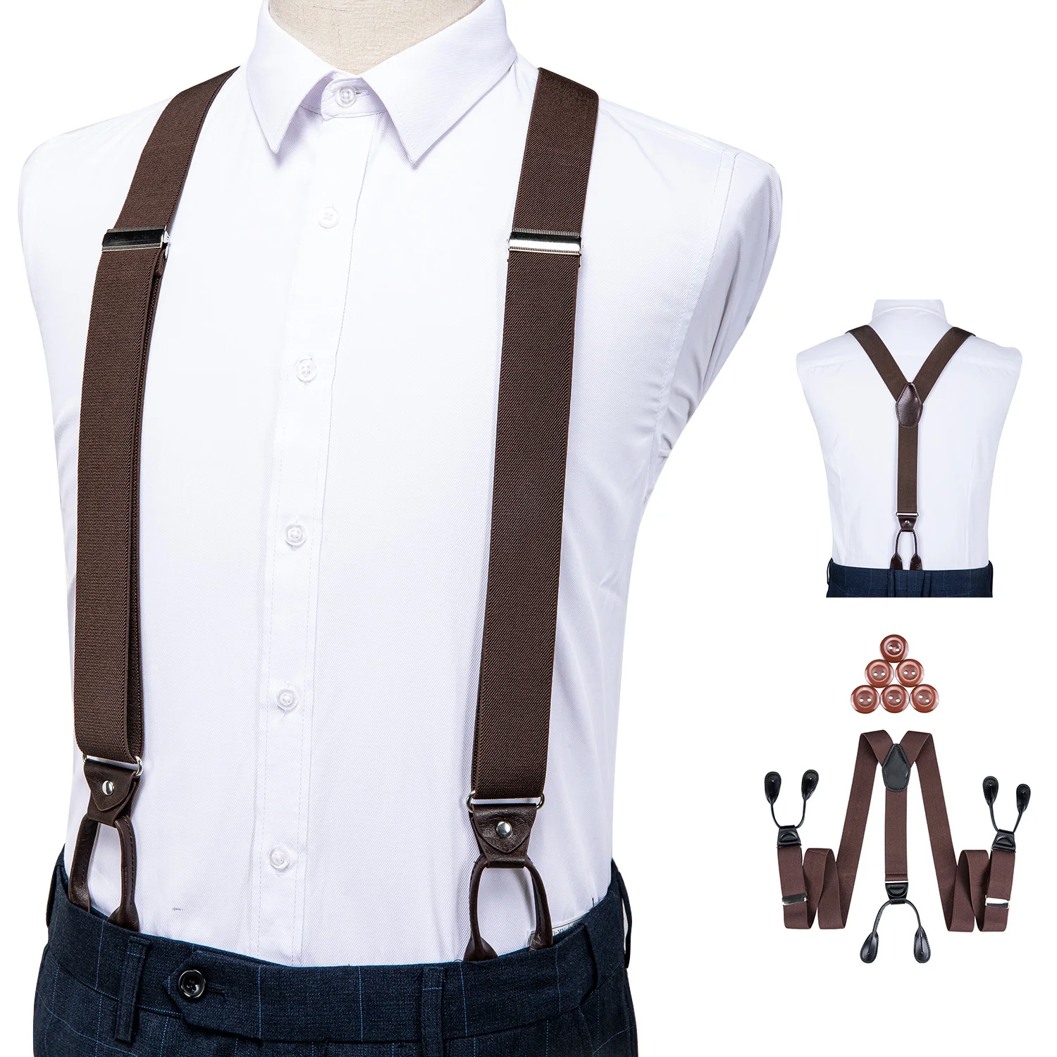 

Suspenders For Men Leather Trimmed Button End Elastic Tuxedo Y Back Adjustable Mens Fashion Suspenders Pant Braces Brown DiBanGu