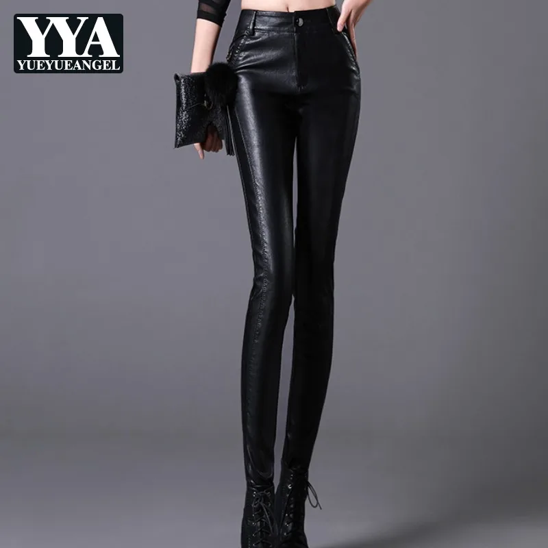 

Women Winter Fleece Lining Pencil Pants High Waist Pu Leather Pants Slim Fit Leggings Casual Punk Style Faux Leather Trousers
