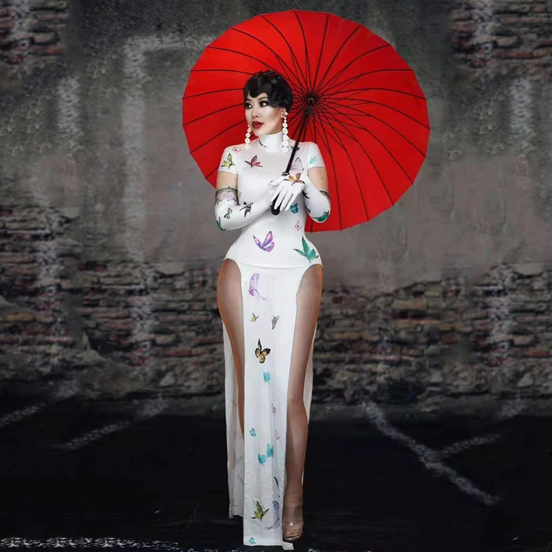 Платье с принтом бабочки для женщин певицы китайский стиль чонсам ретро