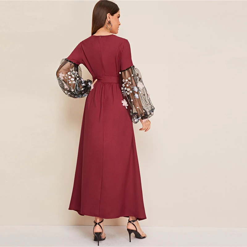 SHEIN Цветочная аппликация Сетчатое платье-фонарь рукав пояс женское платье круглый вырез Платье макси с длинным рукавом Высокая талия элегантное платье