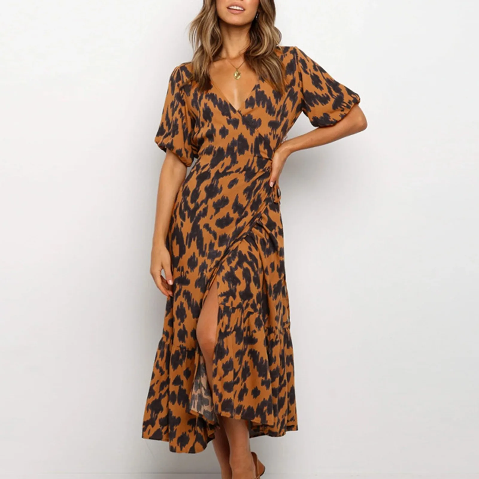 С леопардовым принтом Макси длинное платье повседневное V образным вырезом с