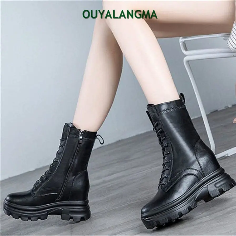 Punk Goth Military Riding Boots Women's Cow Leather Round Toe Platform Wedge Ankle Boots Chunky Heel Oxfords 34 35 36 37 38 39
