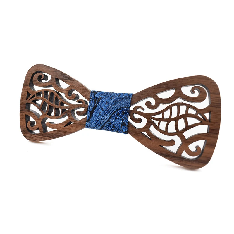 

Прямая поставка, частная марка, цветочный закругленный деревянный мужской галстук-бабочка из синей ткани, гравировка полая Дерево орех гал...