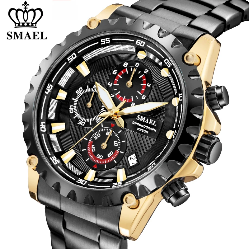 

Часы SMAEL Мужские кварцевые в стиле милитари, модные спортивные водонепроницаемые с хронографом, из нержавеющей стали, с датой
