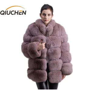 Женское зимнее пальто с длинным рукавом и воротником из лисьего меха