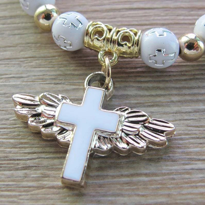 

Fashion Acrylic Beads Cross Bracelet Wing Chaplet Jesus Christ Women's Bracelets Good-looking Prayer Bracelet Hand Made Bangle