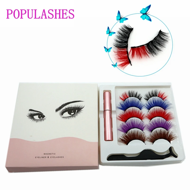 

5 Pairs Colorful 5 Magnetic Eyelashes Set with Waterproof Liquid Eyeliner and Lash Aid Tweezers Suit Blue Red Eye Lashes Reuse