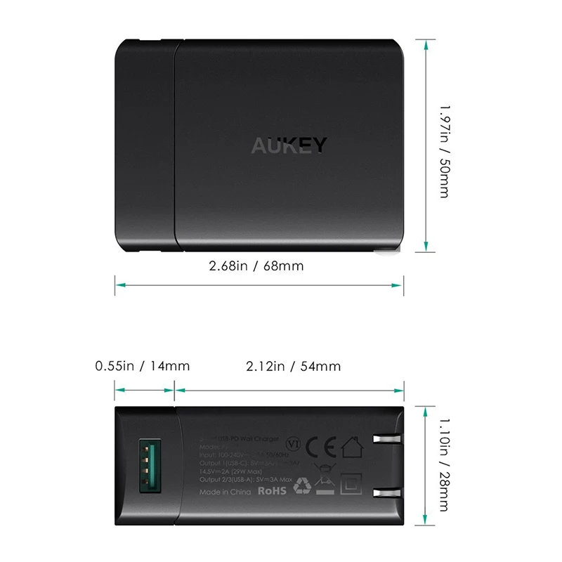 AUKEY PA-Y7 US Plug Оригинальное быстрое зарядное устройство усилитель PD 2 0 с 3 портами USB C