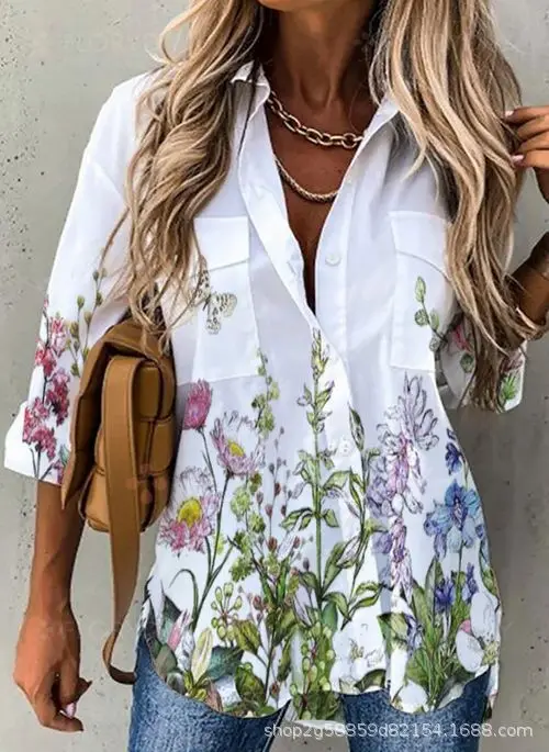 

2022 early spring temperament commuter long-sleeved thin commuter printing single-breasted cardigan lapel white dress