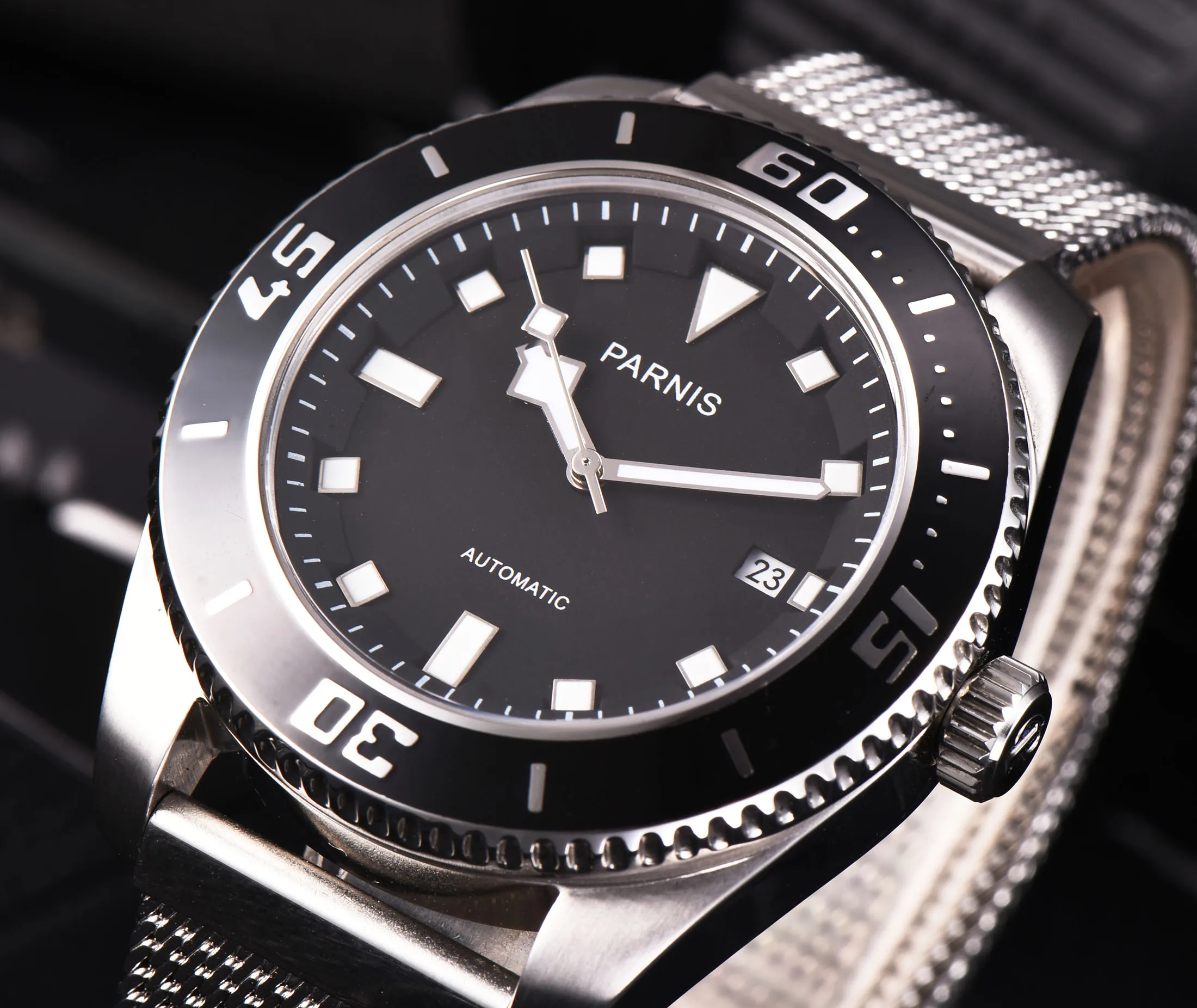 

Casual Parnis 43mm Men Watch Mechanical Wristwatch 316L Stainless Mesh Band Calendar Miyota 8215 Automatic Men's Watches 2020